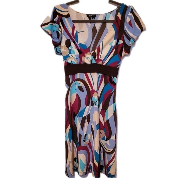 VINTAGE Y2K XOXO Collection Brown Teal 70s Pattern Baby Doll Tie Back Midi Dress - Picture 1 of 6